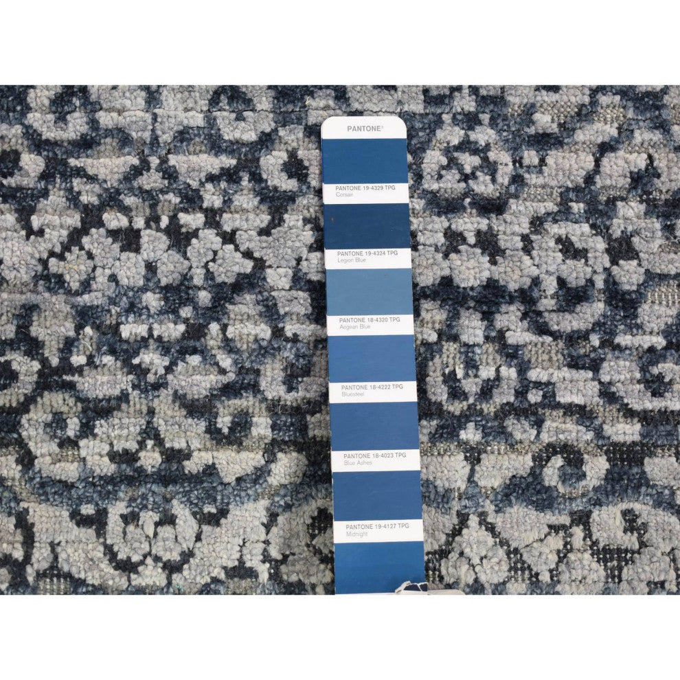 Blue, Modern Damask Design Hand Knotted, Wool and Silk Runner Rug, 2'8"x8'2"