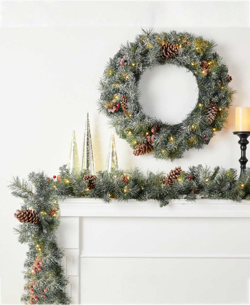 24"D Pre-Lit Christmas Wreath, 2-Pack 9' Garland & 2-Pack Flocked Christmas Tree