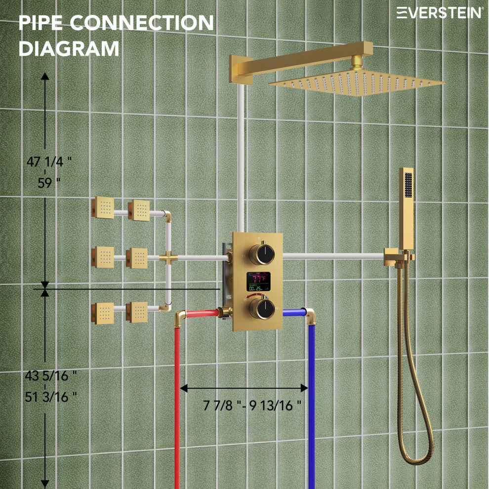 LED Temperature Digital Display Shower System With Body Jets, Brushed Gold, 12 Inches