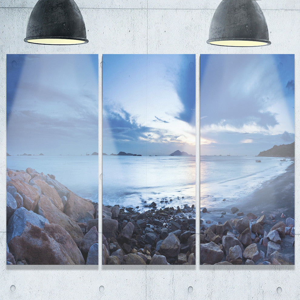 "Blue Sea Sunset on Sandy Coastline" Metal Wall Art, 3 Panels, 36"x28"