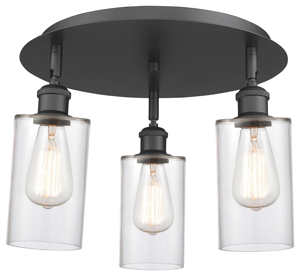Clymer-3 Light 16" Flush Mount-Matte Black, Clear Glass Shade