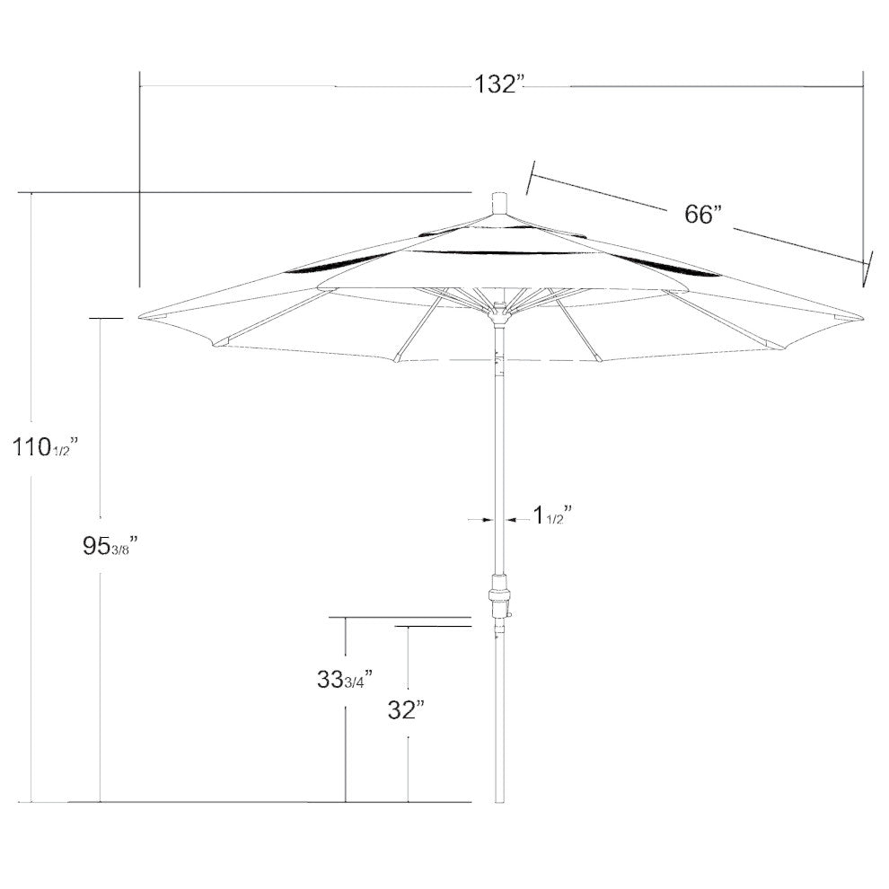 11' Matted Black Collar Tilt Lift Fiberglass Rib Aluminum Umbrella, Sunbrella, Bay Brown