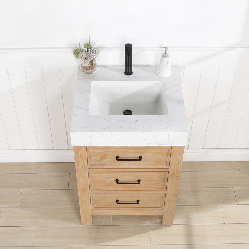Leon Bath Vanity With Composite Stone Top, Fir Wood Brown, 24", No Mirror