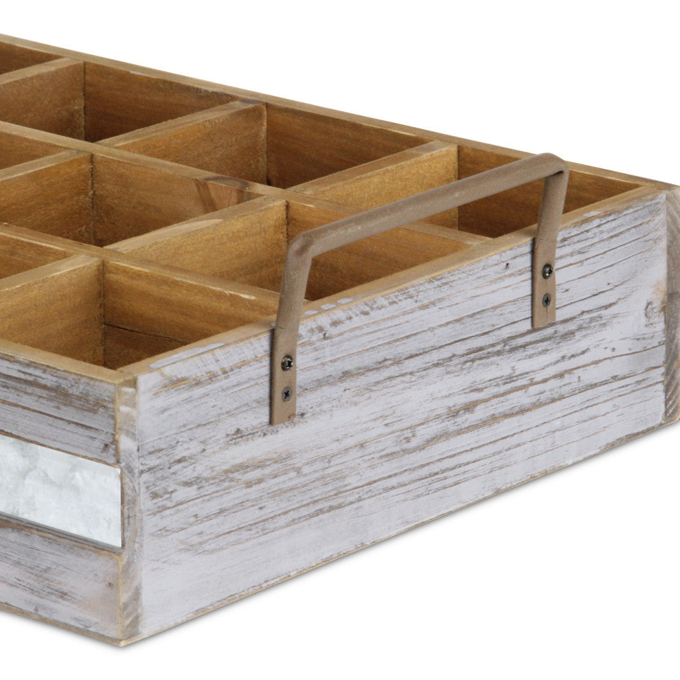 Wooden 12 Compartment Caddy With Metal Accent And Side Handles