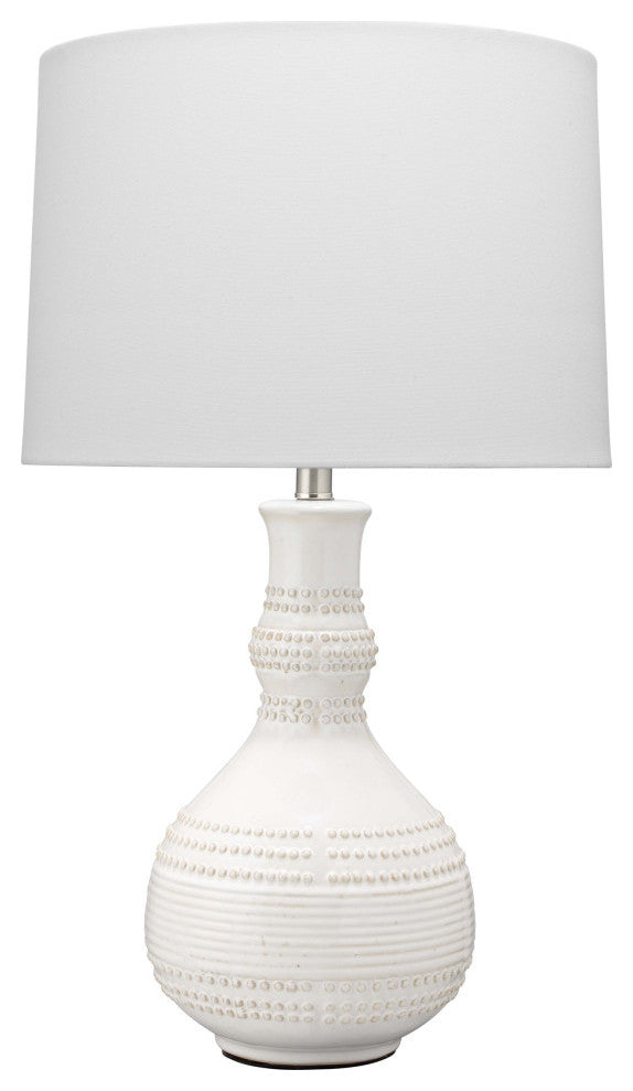 Droplet Table Lamp, White Ceramic With Cone Shade, White Linen