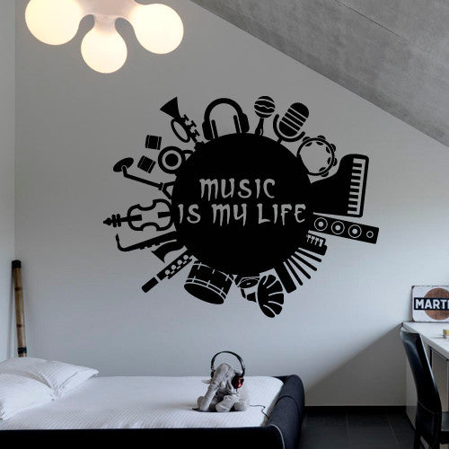 Wall Decal Vinyl Music is my life inscription guitar drum contrabass, 46"x46"