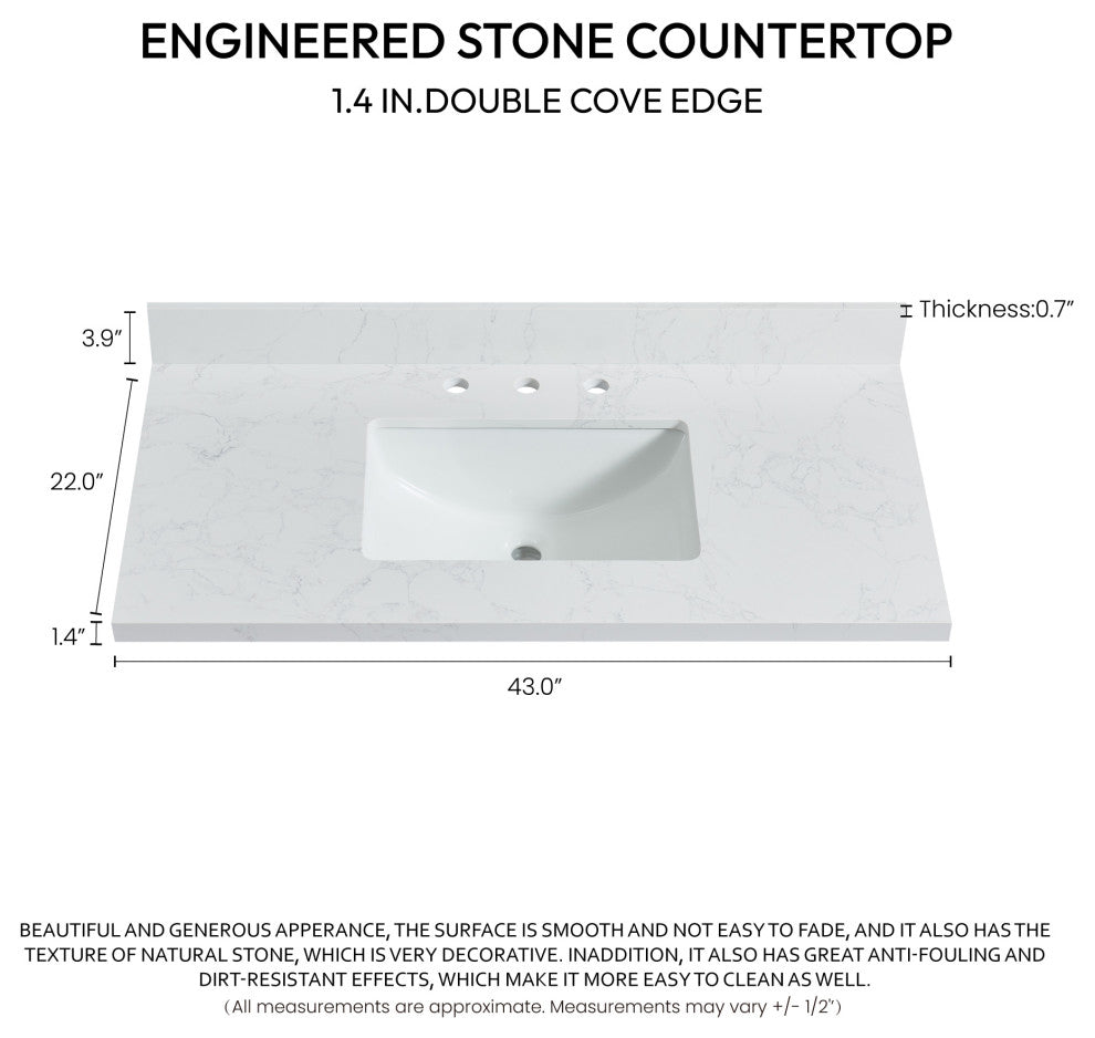 Jaen Composite Stone Vanity Top With Ceramic Sink, Grain White, 43"