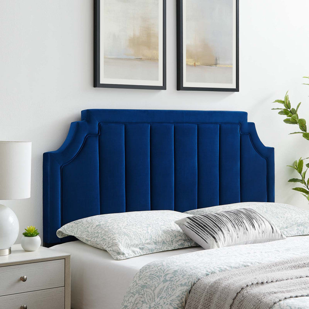 Tufted Headboard, Full Queen Size, Velvet, Blue Navy, Modern Contemporary