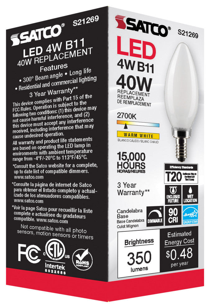 4W B11 LED, Frost, Candelabra Base, 90 CRI, 2700K, 120V