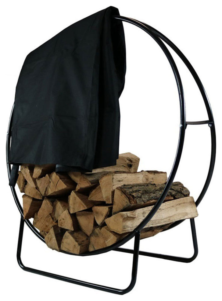 Sunnydaze Firewood Log Hoop Holder With Black Cover Outdoor Black Steel, 24"