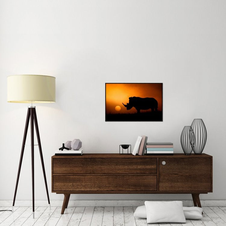 "Rhino Sunrise" Framed Canvas Giclee by Mario Moreno, 31x21"