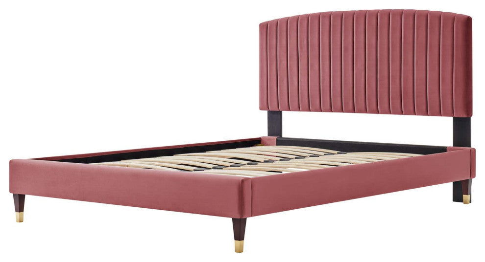 Platform Bed Frame, Queen Size, Pink, Velvet, Modern, Bedroom Guest Suite