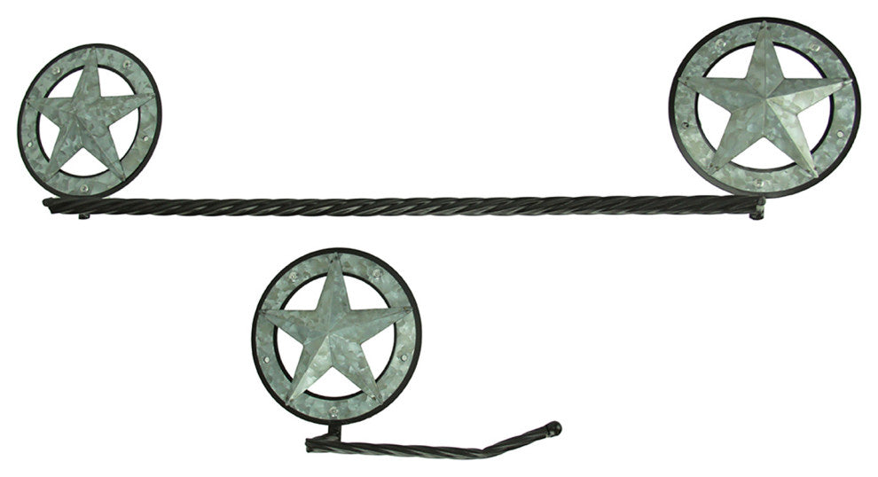 Galvanized Metal Western Star Wall Mounted Towel and Toilet Paper Holder Set