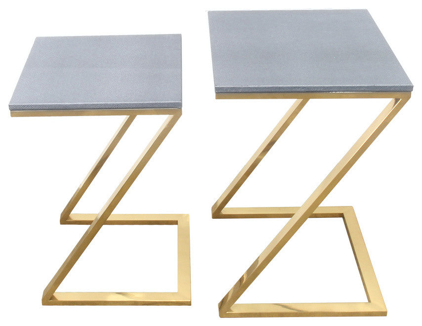 Walter Z-Leg Nesting Tables, Faux Shagreen and Gold Metal, 2 Piece Set