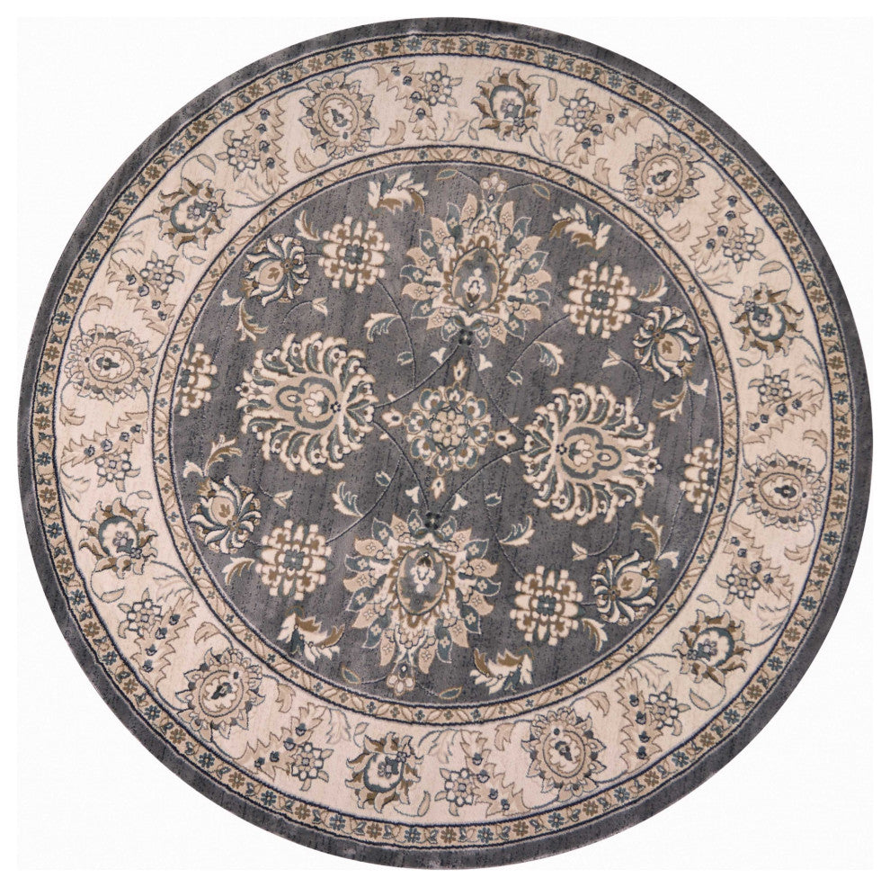 HomeRoots 8' Grey Ivory Machine Woven Floral Traditional Round Indoor Area Rug