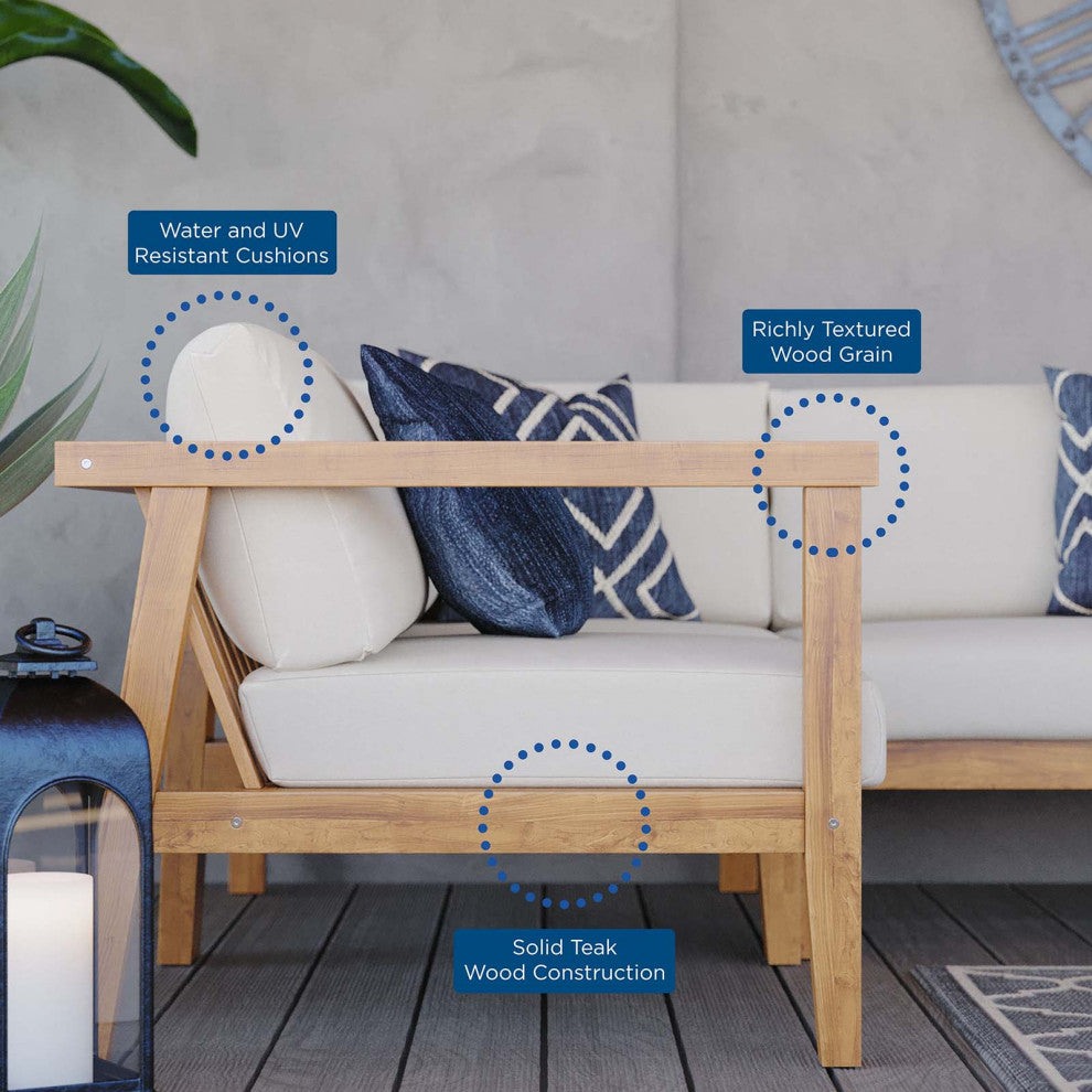 Lounge Sectional Sofa Chair Set, White Natural, Wood, Modern, Outdoor Patio
