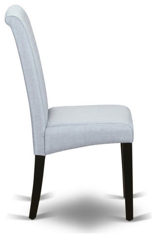 3Pc Small Round Table, Grayish Blue Fabric Kitchen Chairs, Black Chair Legs