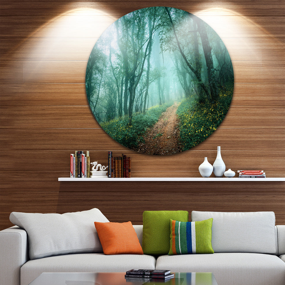 Light Green Mystical Fall Forest, Landscape Disc Metal Artwork, 11"