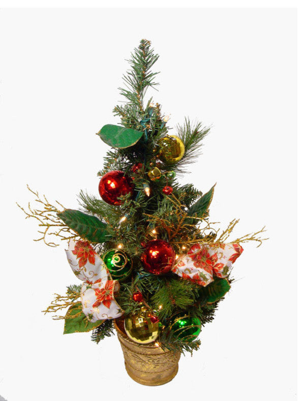 Poinsettia and Ball Ornament Pre-Lit Decorated Christmas Tree, Clear Lights, 2'