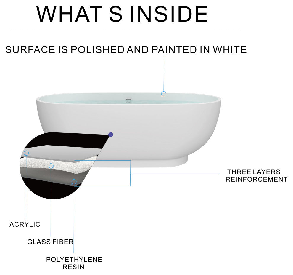 HEATGENE 70 inches Acrylic Freestanding Large Bathtub Modern Bathtub