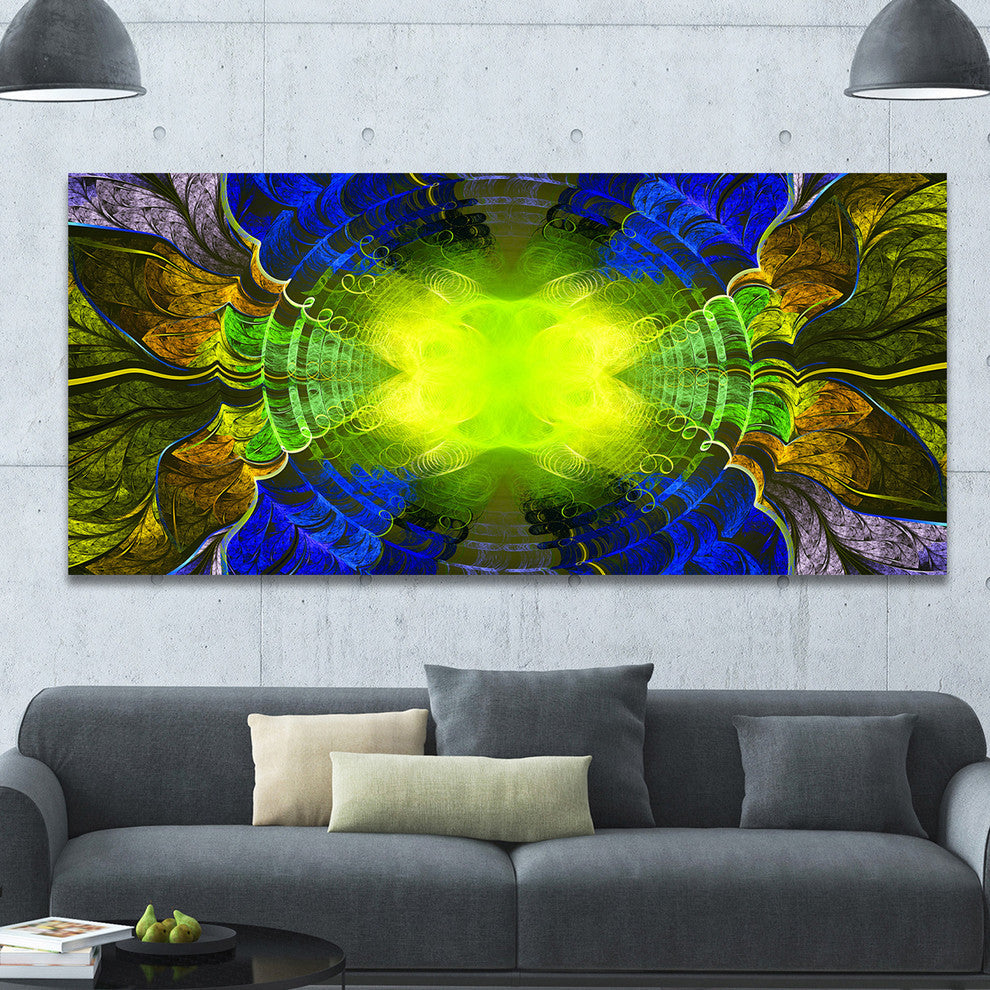 Green Golden Fractal Stained Glass, Oversized Abstract Canvas Art Print, 60x28