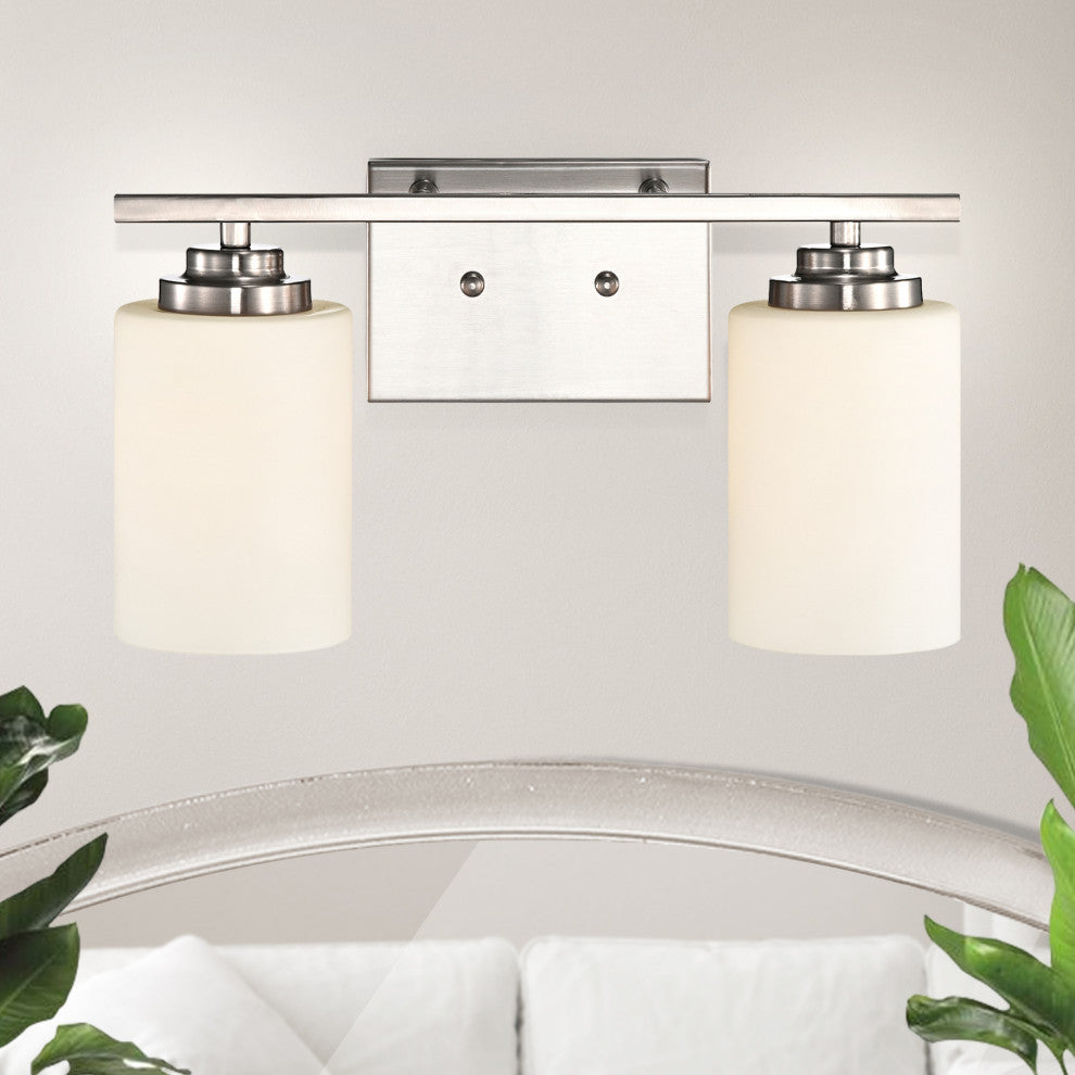 2-Light Brushed Nickel Vanity Lights With White Etched Glass Shades