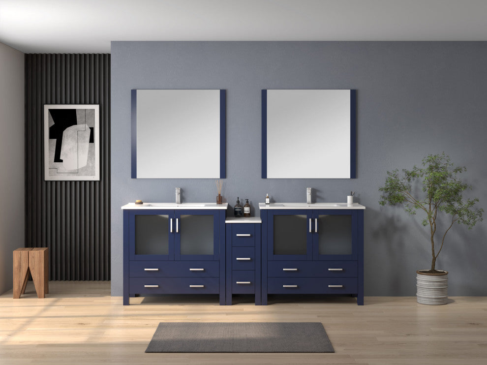 Lexora Volez 84" Vanity Cabinet, Navy Blue, Top, Mirror, 4 Doors 7 Drawers