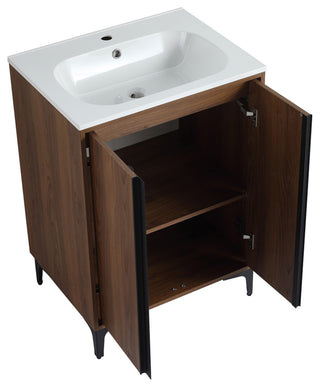 Single Vanity, Brown Walnut Finish With Solid Surface Resin White Sink, 24"