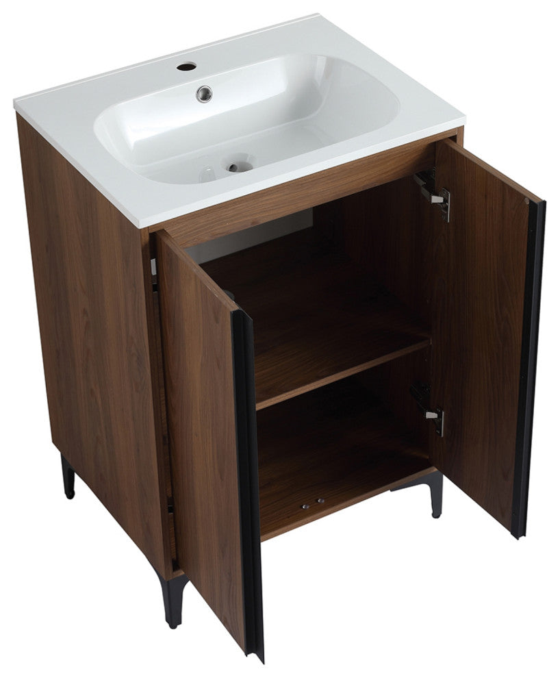 Single Vanity, Brown Walnut Finish With Solid Surface Resin White Sink, 24"