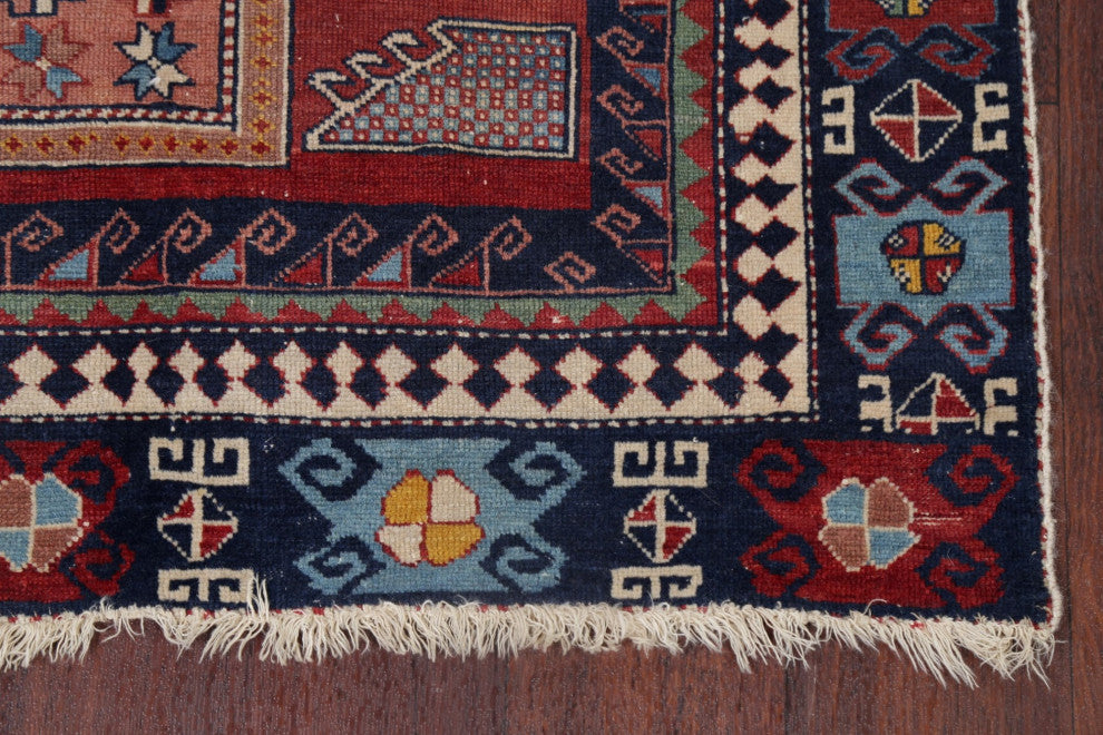 Consigned, Antique Russian Oriental Traditional Hand-Knotted Area Rug, Blue, 3x4