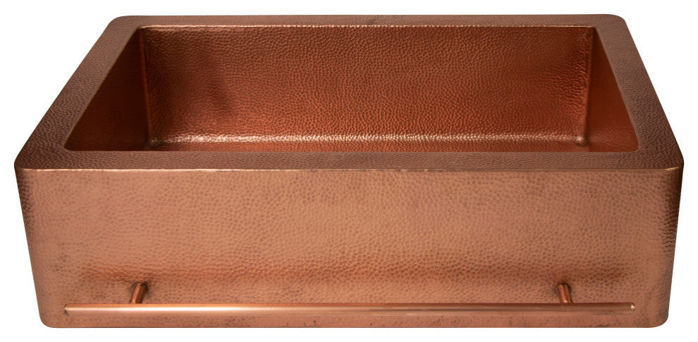 33" Farmhouse One Bowl Towel Holder Apron Hammered Copper Kitchen Sink, 16 Gauge