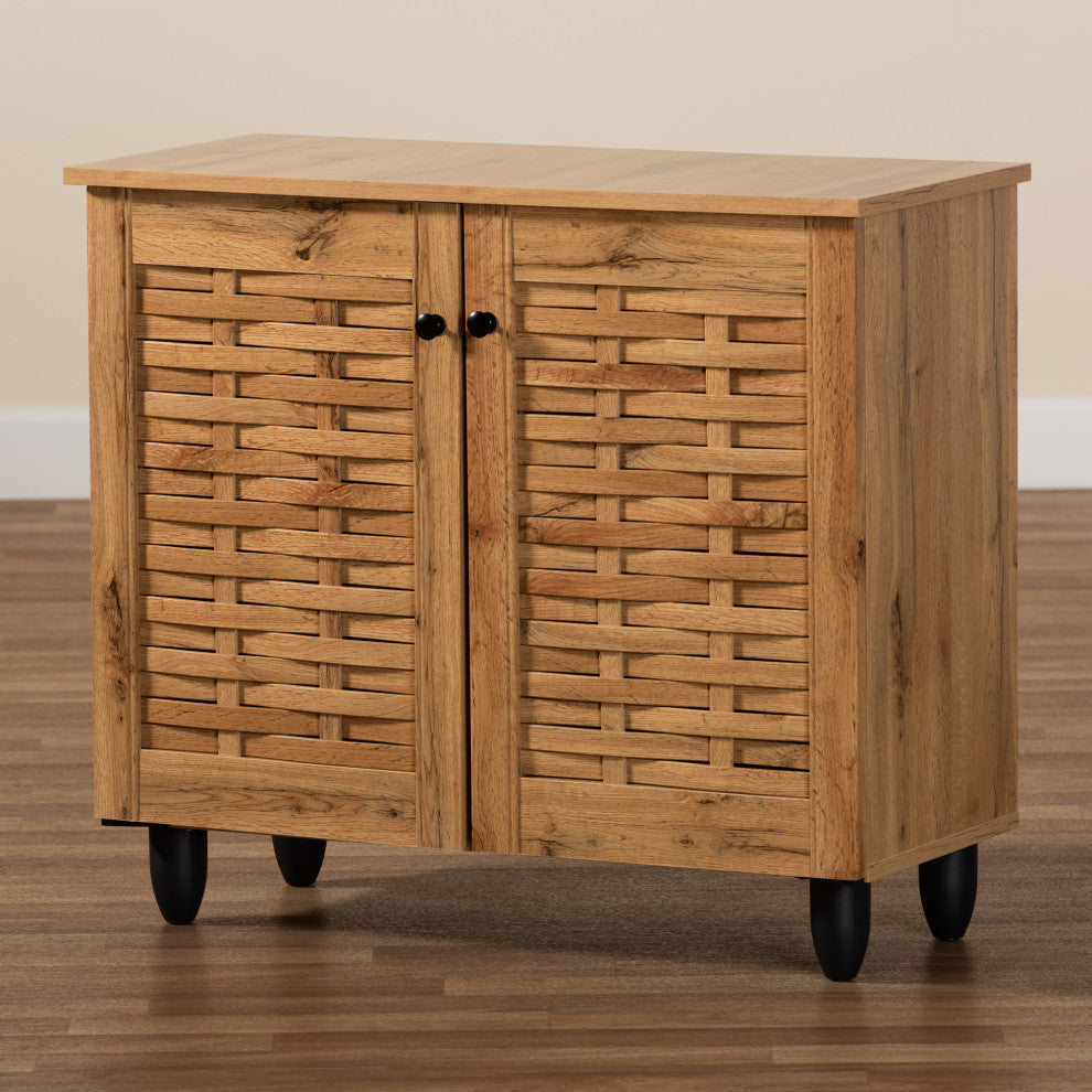 Winda Modern and Contemporary Oak Brown Finished Wood 2-Door Shoe Cabinet