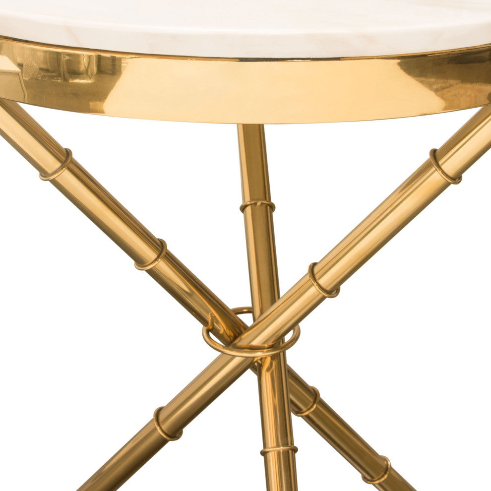 Reed Round Accent Table With Marble Top, Gold