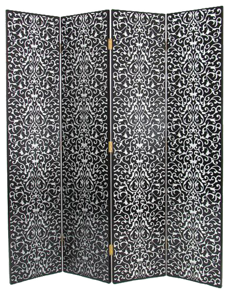 Benzara BM213512 4 Panel Room Divider with Scrolling Motifs, Black and Silver