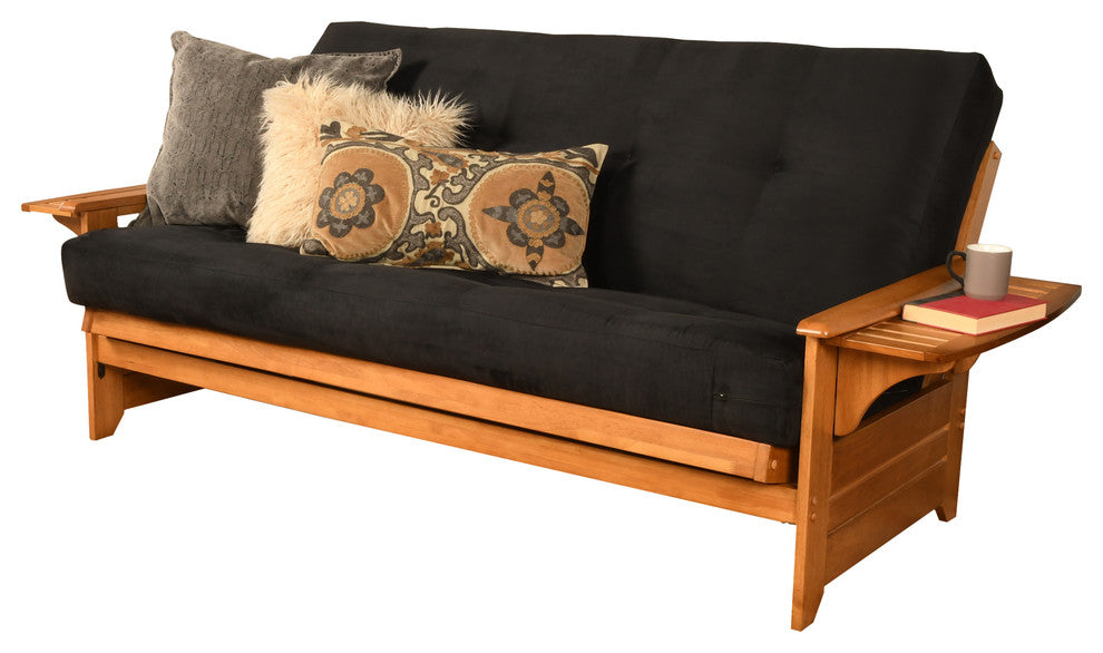 Mesa Frame Futon With Butternut Finish, Butternut, Suede Black
