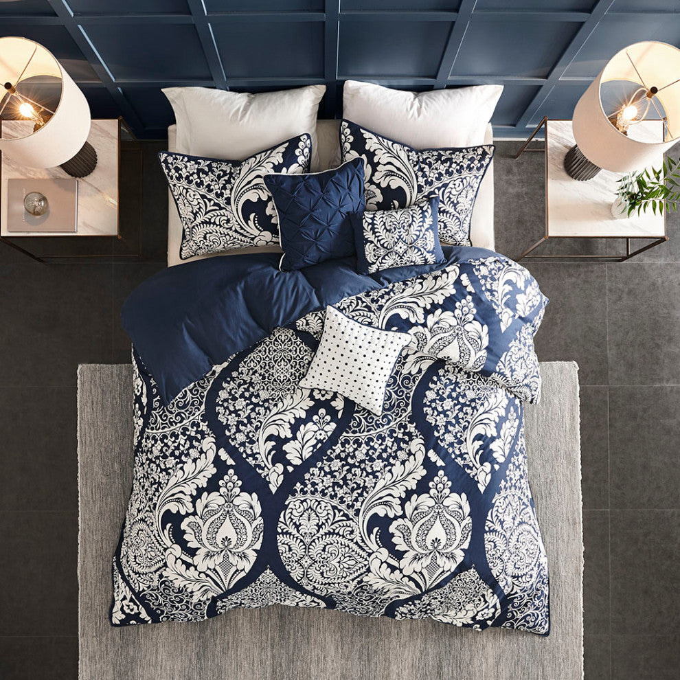 Madison Park Vienna Cotton Sateen Damask Comforter/Duvet Cover Set, Blue