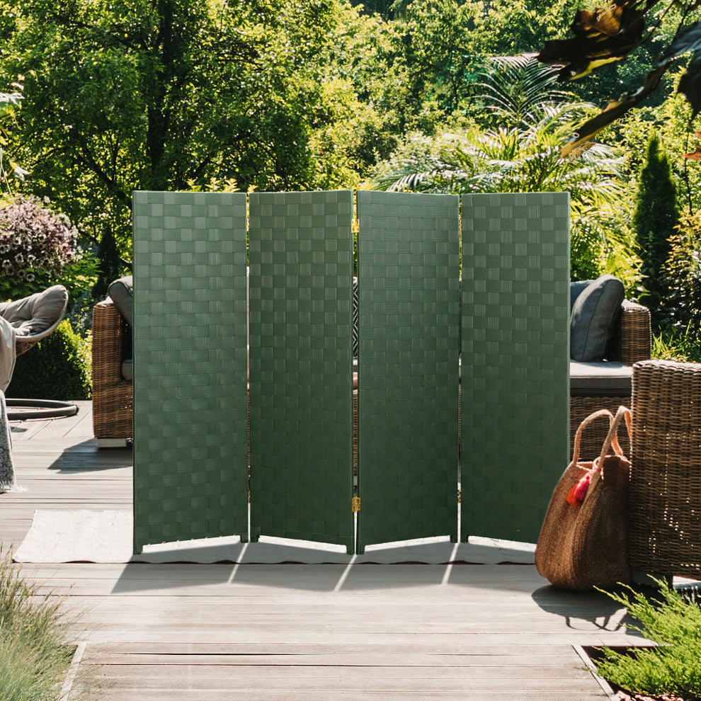 4 ft. Short Woven Fiber Outdoor All Weather Room Divider 4 Panel Green