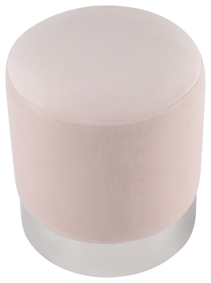 Madelyn Velvet Round Ottoman With Metal Base, Blush/Chrome