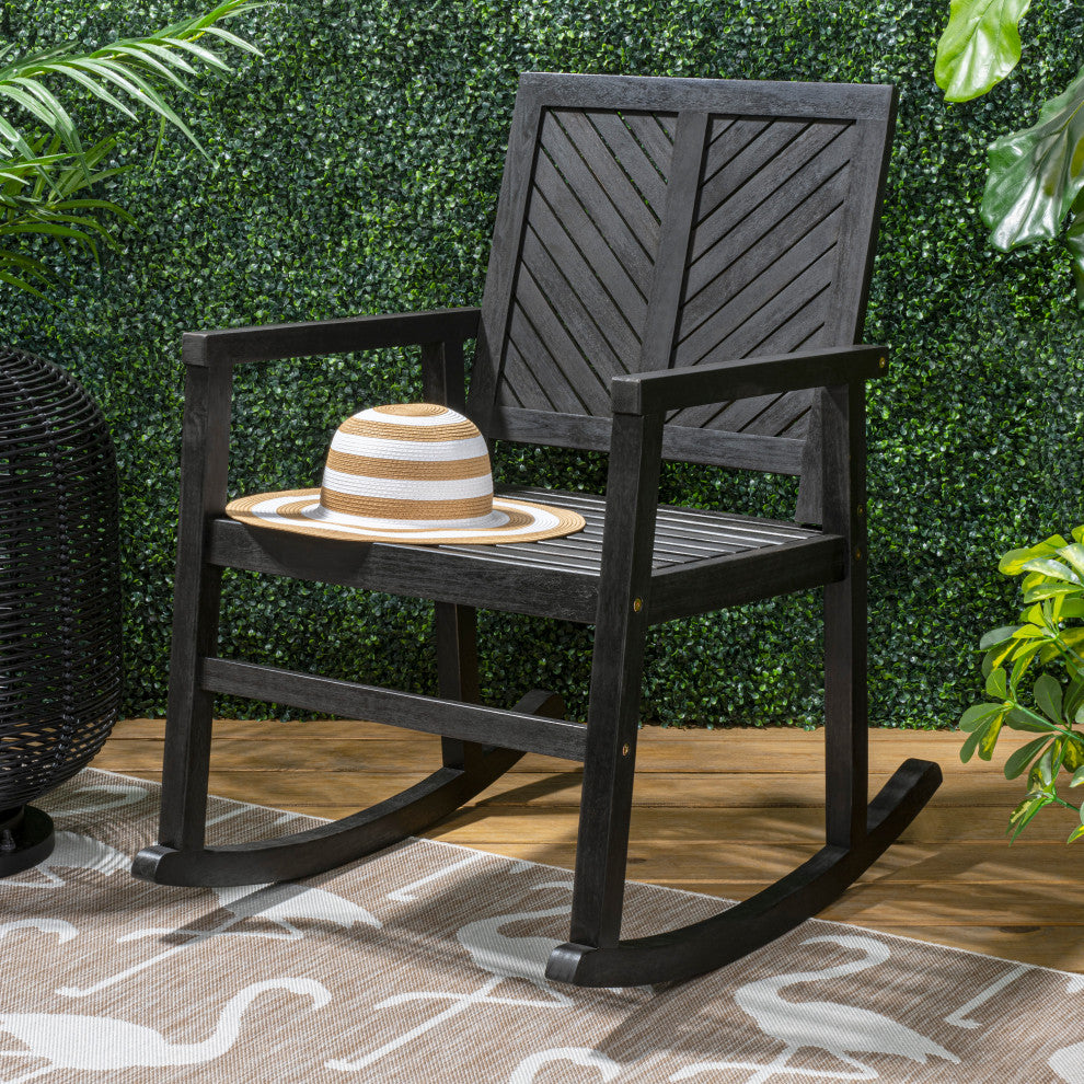 Ned Modern Chevron-Back 300-Lbs Support Acacia Wood Patio Outdoor Rocking Chair