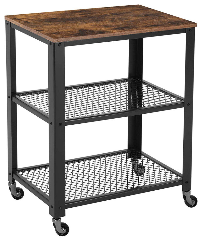Benzara 3 Tier Wooden Serving Cart with 2 Mesh Design Shelves, Black and Brown