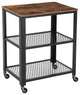 Benzara 3 Tier Wooden Serving Cart with 2 Mesh Design Shelves, Black and Brown