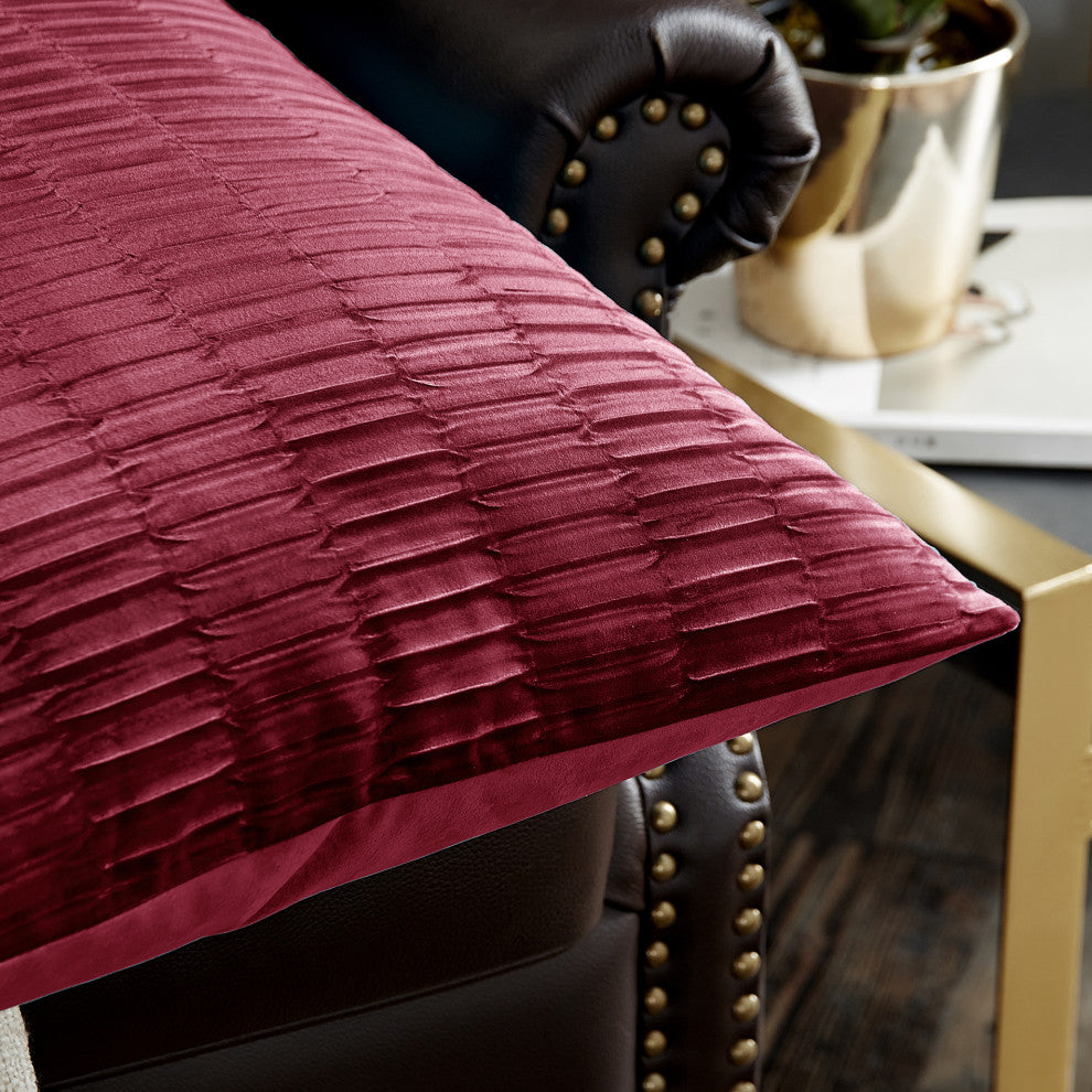 Pleated Velvet Pillow Cover 4 Piece Set, Garnet, 20" X 20"