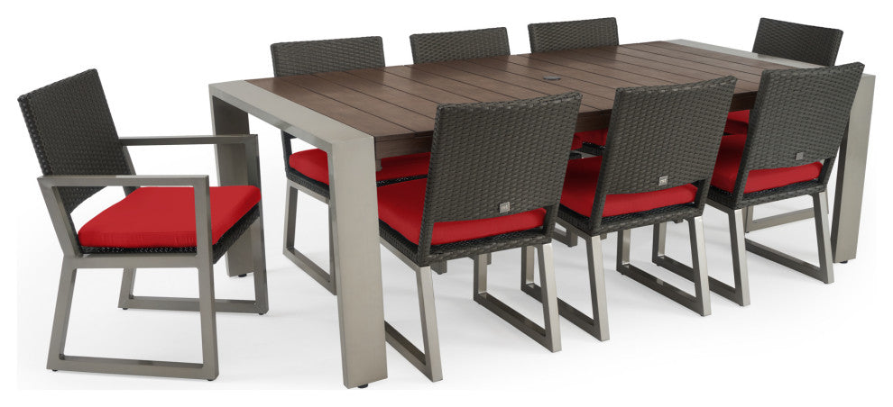 Milo Espresso 9 Piece Sunbrella Outdoor Patio Dining Set, Sunset Red