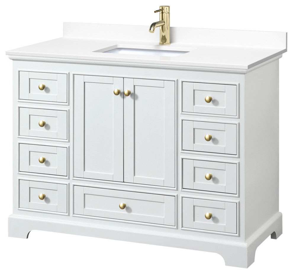 48" Single Bath Vanity, White, White Cult. Marble Countertop, Sink, Gold Trim