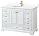 48" Single Bath Vanity, White, White Cult. Marble Countertop, Sink, Gold Trim