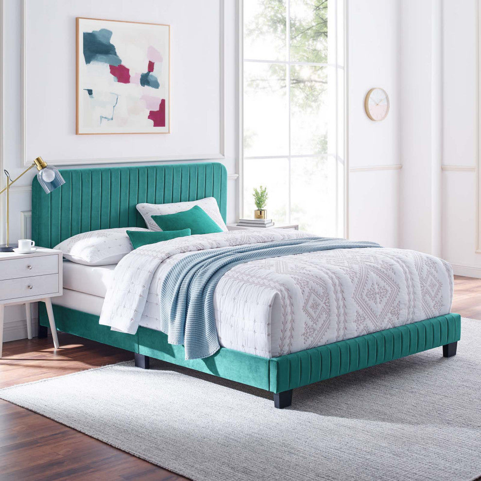 Tufted Platform Bed Frame, Full Size, Velvet, Teal Blue, Modern Contemporary