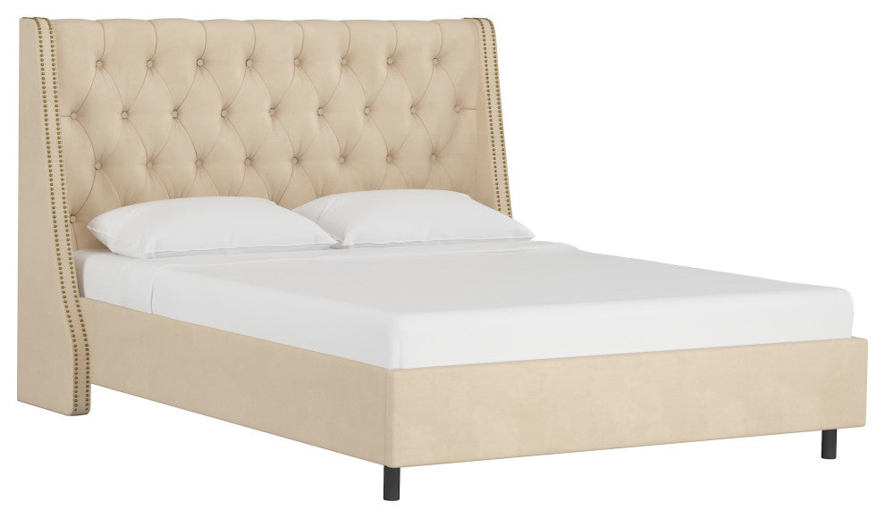 Williams Full Nail Button Diamond Wingback Platform Bed, Velvet Pearl