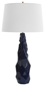 Abstract Faceted Gloss Navy Blue Ceramic Table Lamp 31 in Geometric Crinkle Luxe