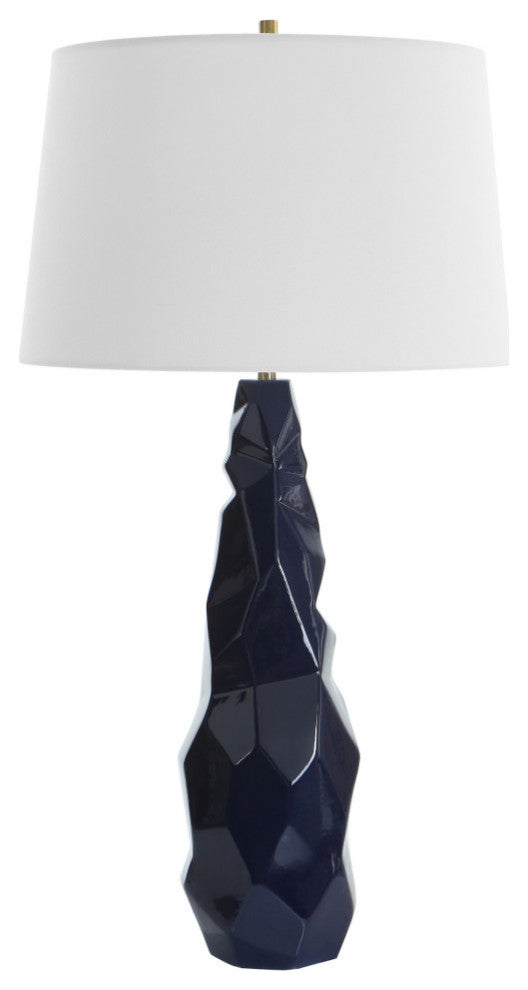 Abstract Faceted Gloss Navy Blue Ceramic Table Lamp 31 in Geometric Crinkle Luxe