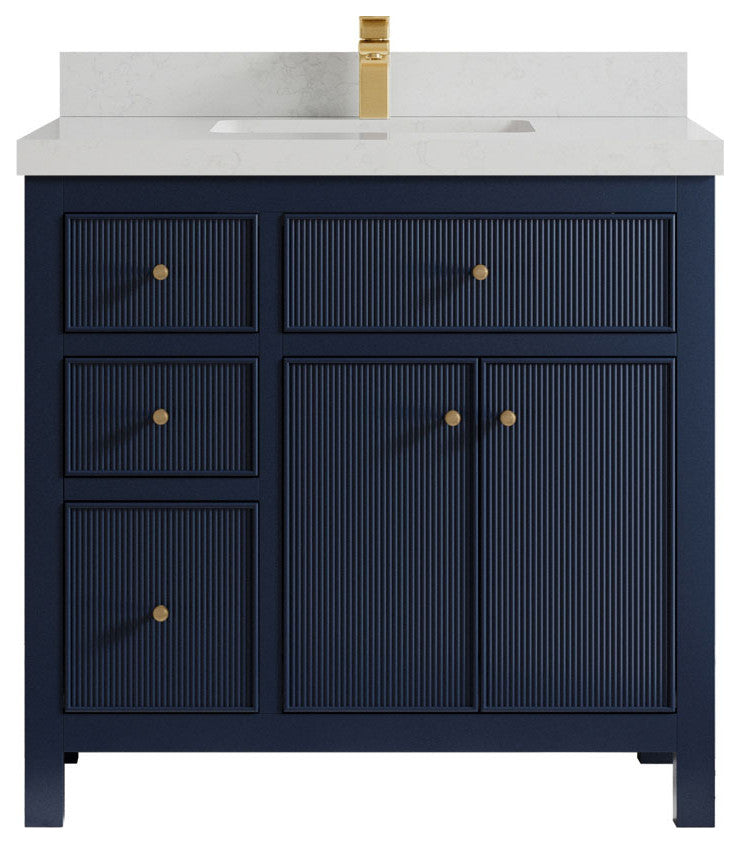 Sonoma 36 Center Sink Reeded Bath Vanity in Hale Navy Blue 2" Carrara Quartz